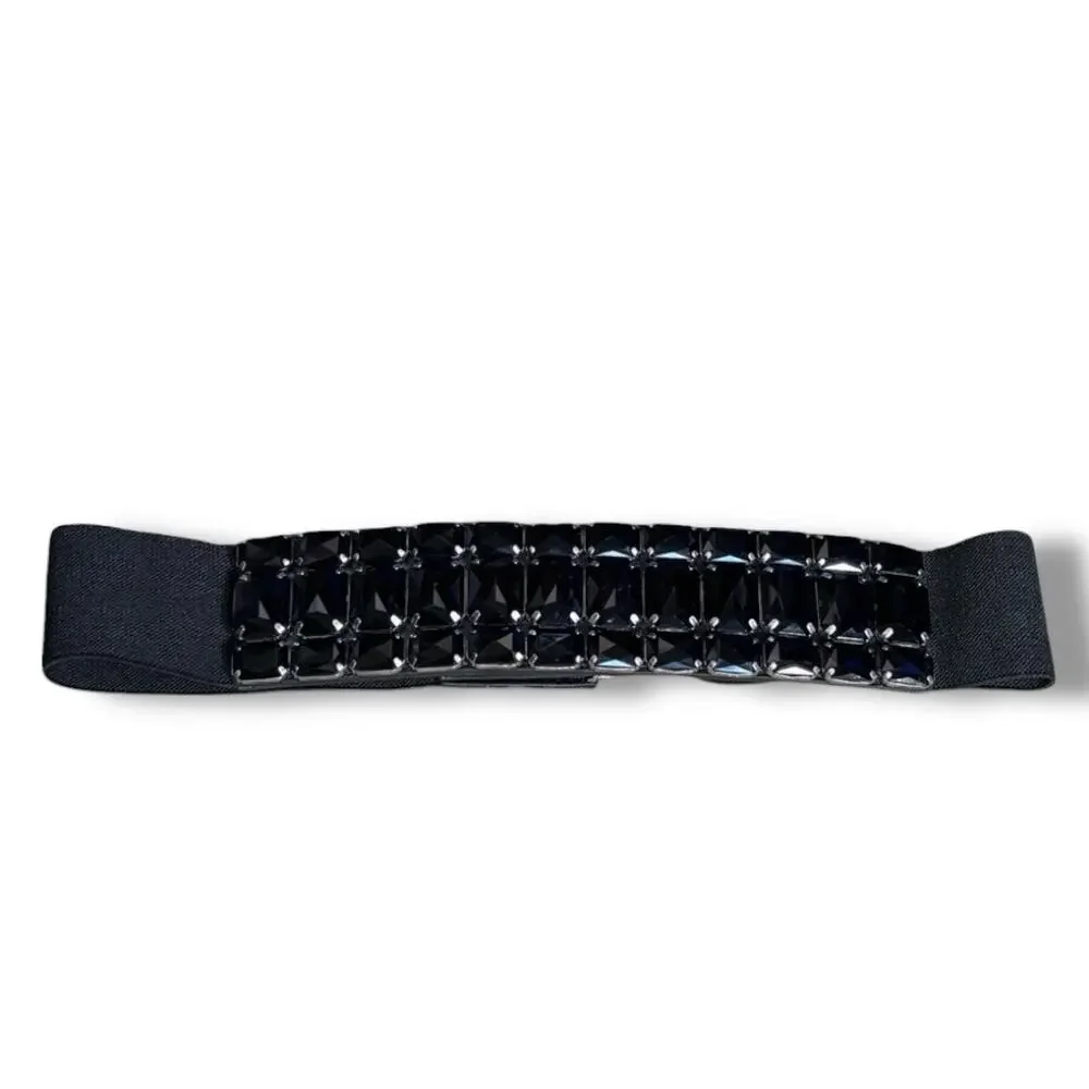 Vintage Black Elastic Faceted Stone‎ Waist Belt Statement Studded Stretch Cinch